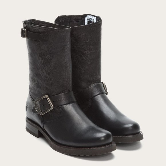 Frye Veronica Short Belted Black Leather Popular Moto Vintage Combat Ankle Boot - Picture 3 of 16